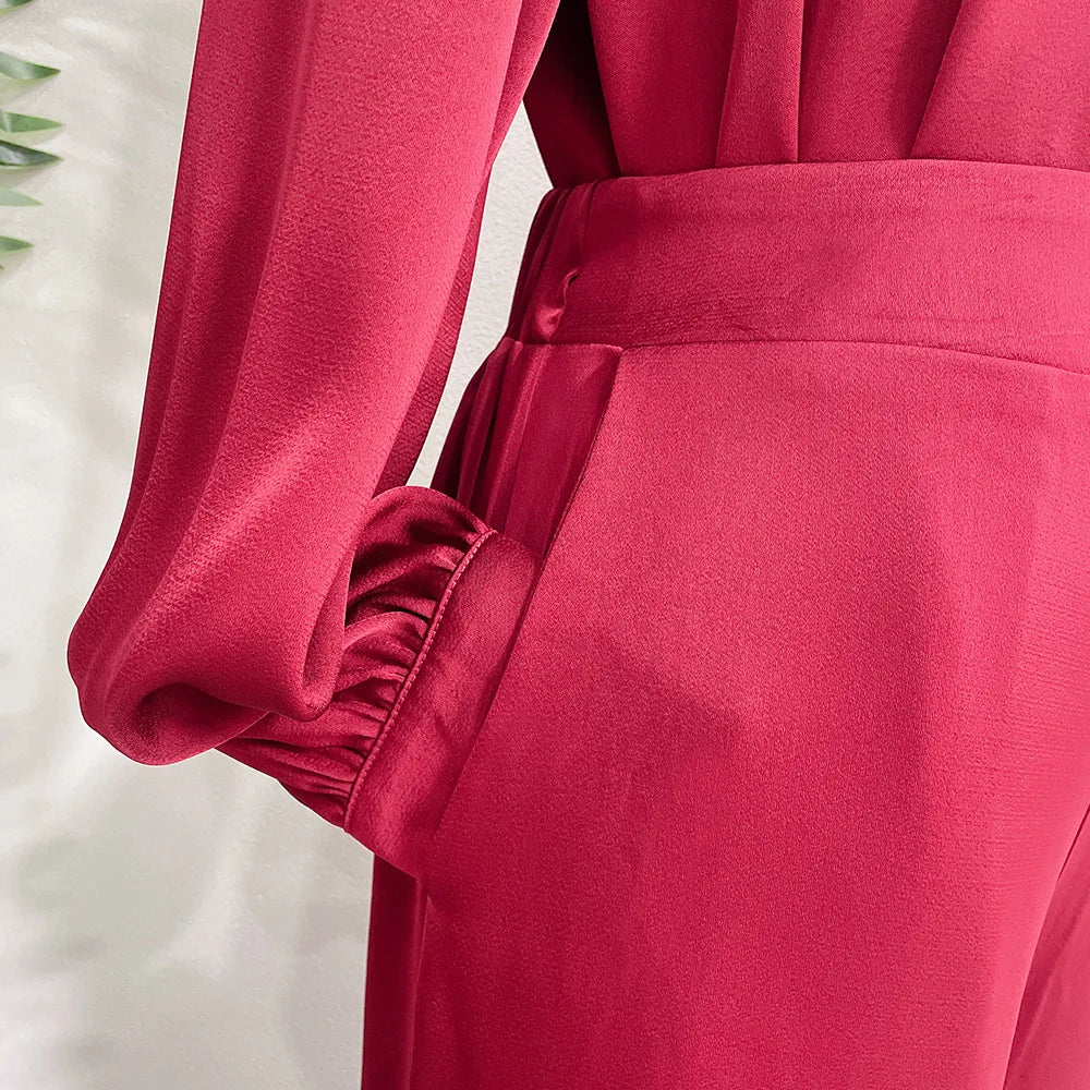 Satin Turkey Dress Two Pieces Trouser Tops Pants Blouse Set Muslim Suit Woman Ramadan Eid Abaya Kaftan Femme Musulmane Ensembles