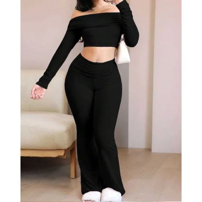 Casual Workout Two Piece Sets Woman Outfits Crop Long Sleeves Tops Foldover Flare Pants Tracksuit Suit Summer and Fall 2025 New