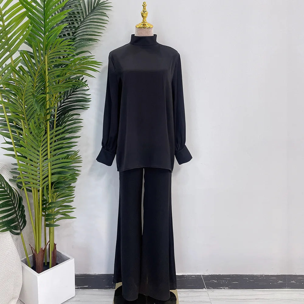 Satin Turkey Dress Two Pieces Trouser Tops Pants Blouse Set Muslim Suit Woman Ramadan Eid Abaya Kaftan Femme Musulmane Ensembles