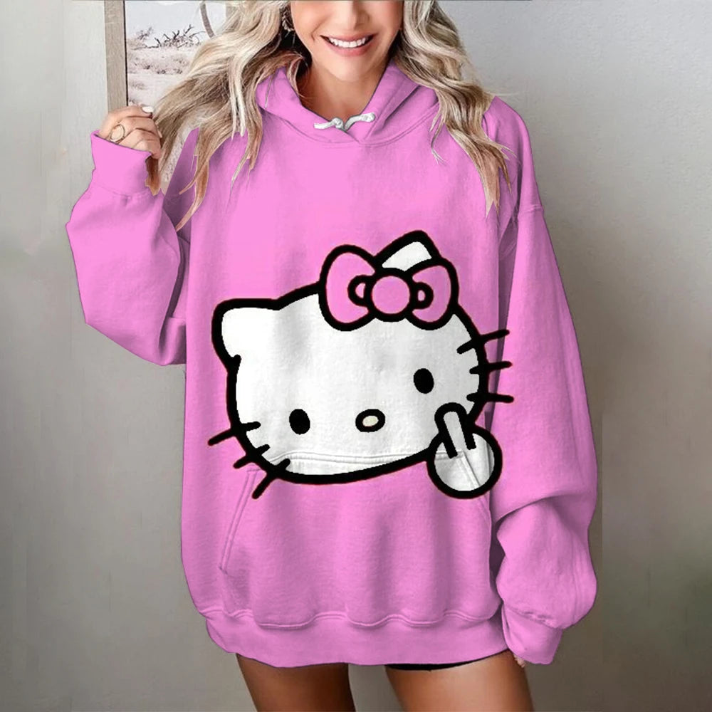 Women Y2K Hoodies Harajuku Hello Kitty Print Loose Sweatshirt Trousers Hip Hop Punk Long Sleeve Pocket Sweatpant Streetwear Tops
