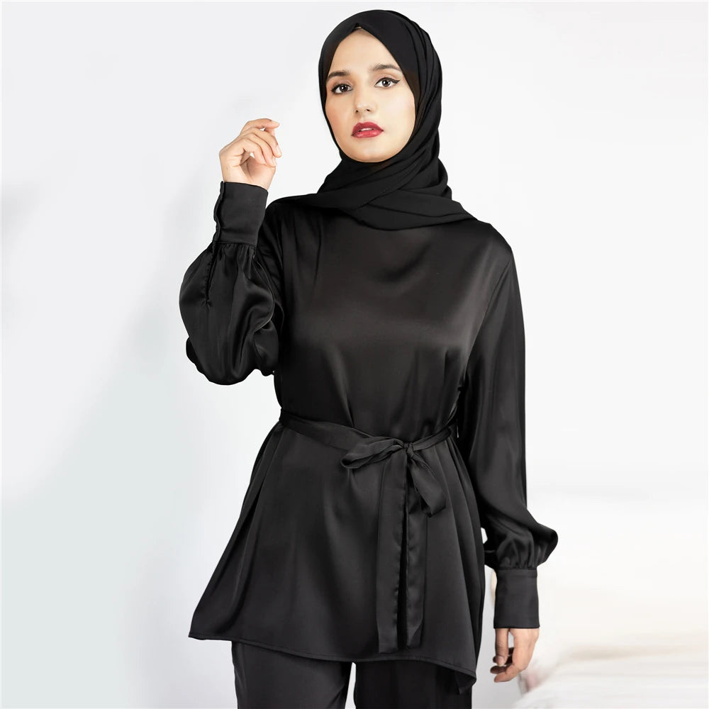 Satin Turkey Dress Two Pieces Trouser Tops Pants Blouse Set Muslim Suit Woman Ramadan Eid Abaya Kaftan Femme Musulmane Ensembles