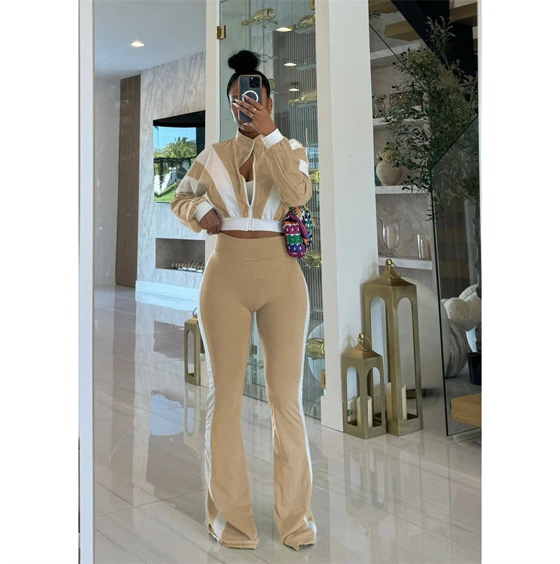 Doyerl Two Piece Sets Woman Tracksuit Sportwear Fitness Long Sleeve Cropped Jacket Top and Flare Pants Jogging Femmes Ensemble