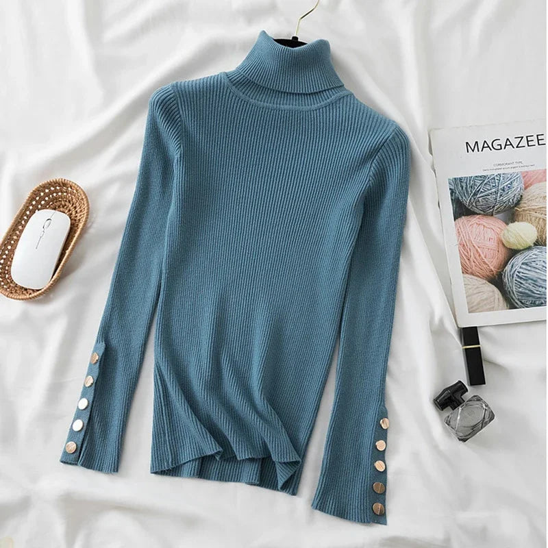 Knitted Turn-down Turtleneck Women Sweater Button Long Sleeve Pullovers Autumn Winter Basic Femme Sweaters Slim Solid Pull Tops
