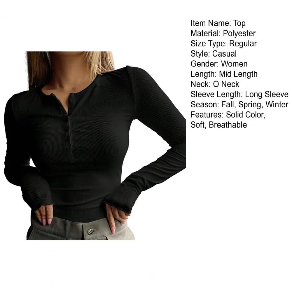 Women Autumn Spring Top O Neck Button Long Sleeve Slim Fit Pullover Soft Breathable Elastic Simple Style Women T-shirt Blouse
