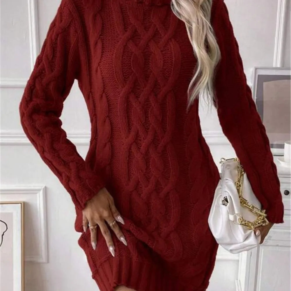 Winter Clothes Woman Pulls Femmes High Neck Vestidos Slim Fit Sweater Knitted Long Sleeve Dress All-match Simple Style Commuting