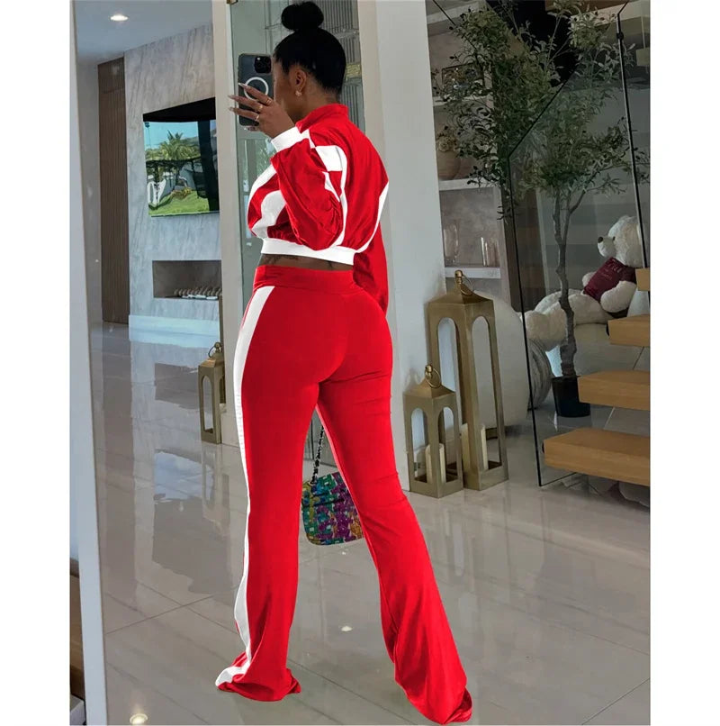 Doyerl Two Piece Sets Woman Tracksuit Sportwear Fitness Long Sleeve Cropped Jacket Top and Flare Pants Jogging Femmes Ensemble