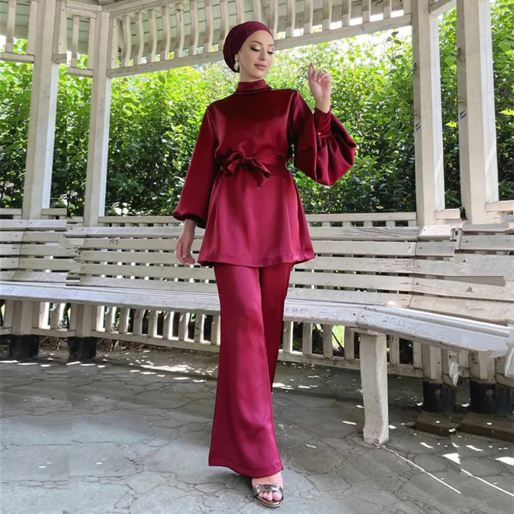 Satin Turkey Dress Two Pieces Trouser Tops Pants Blouse Set Muslim Suit Woman Ramadan Eid Abaya Kaftan Femme Musulmane Ensembles