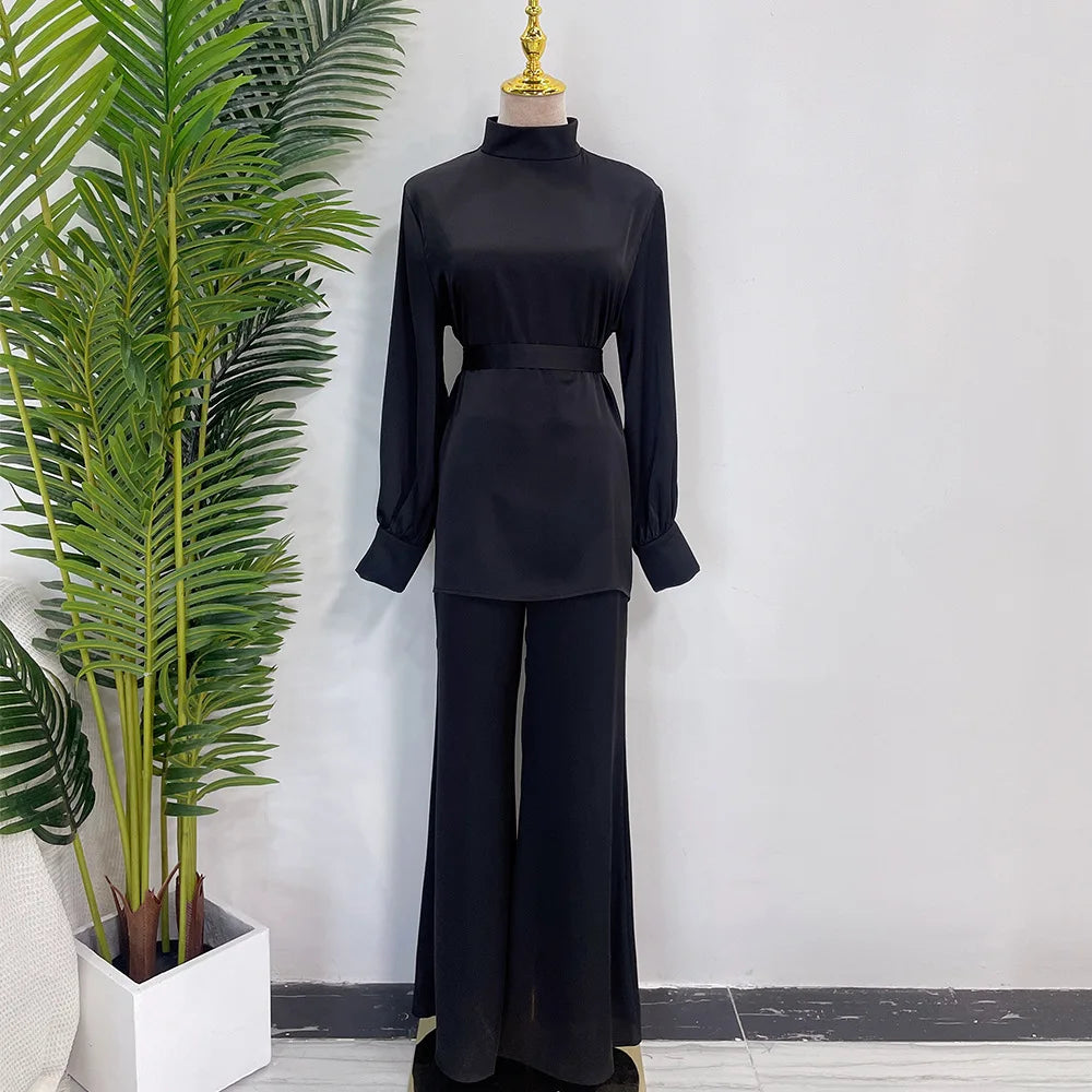 Satin Turkey Dress Two Pieces Trouser Tops Pants Blouse Set Muslim Suit Woman Ramadan Eid Abaya Kaftan Femme Musulmane Ensembles