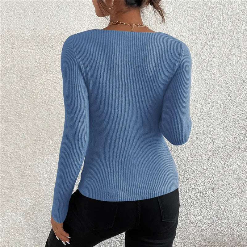 HELIAR 2024 Autumn Winter Women Solid Rib Knit V Neck Stripe Pull Sweater Femme Y2k Long Sleeve Pullover Jersey Tops Fashion