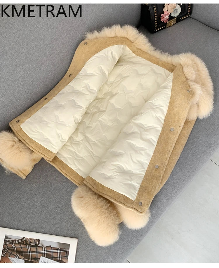 KMETRAM Natural Fox Fur Collar Coat Discount Price With Pockets Warm Fur Winter 2025 New Style Women's Coat manteaux hiver femme