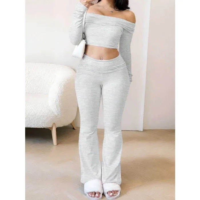 Casual Workout Two Piece Sets Woman Outfits Crop Long Sleeves Tops Foldover Flare Pants Tracksuit Suit Summer and Fall 2025 New