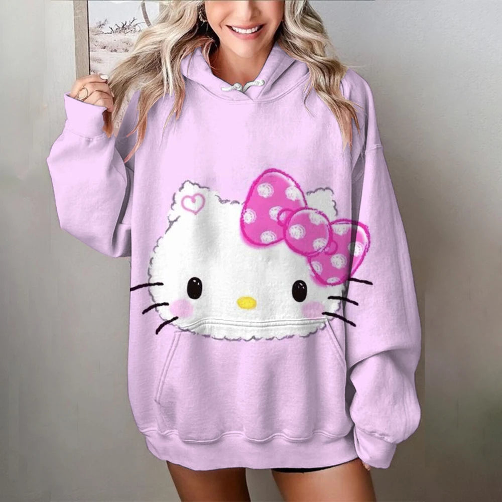 Women Y2K Hoodies Harajuku Hello Kitty Print Loose Sweatshirt Trousers Hip Hop Punk Long Sleeve Pocket Sweatpant Streetwear Tops