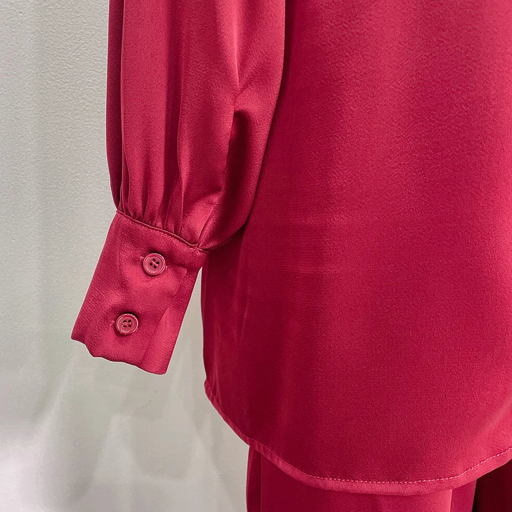 Satin Turkey Dress Two Pieces Trouser Tops Pants Blouse Set Muslim Suit Woman Ramadan Eid Abaya Kaftan Femme Musulmane Ensembles