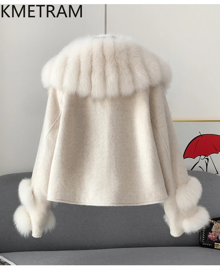 KMETRAM Natural Fox Fur Collar Coat Discount Price With Pockets Warm Fur Winter 2025 New Style Women's Coat manteaux hiver femme