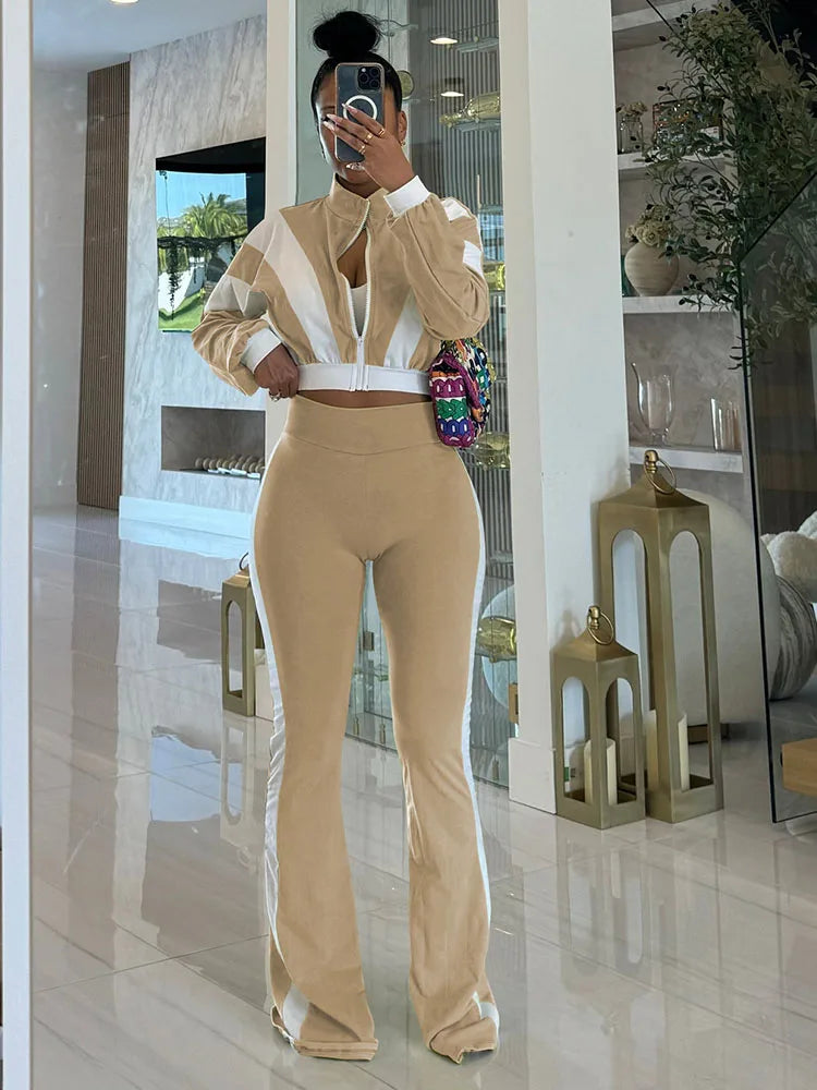 Doyerl Two Piece Sets Woman Tracksuit Sportwear Fitness Long Sleeve Cropped Jacket Top and Flare Pants Jogging Femmes Ensemble