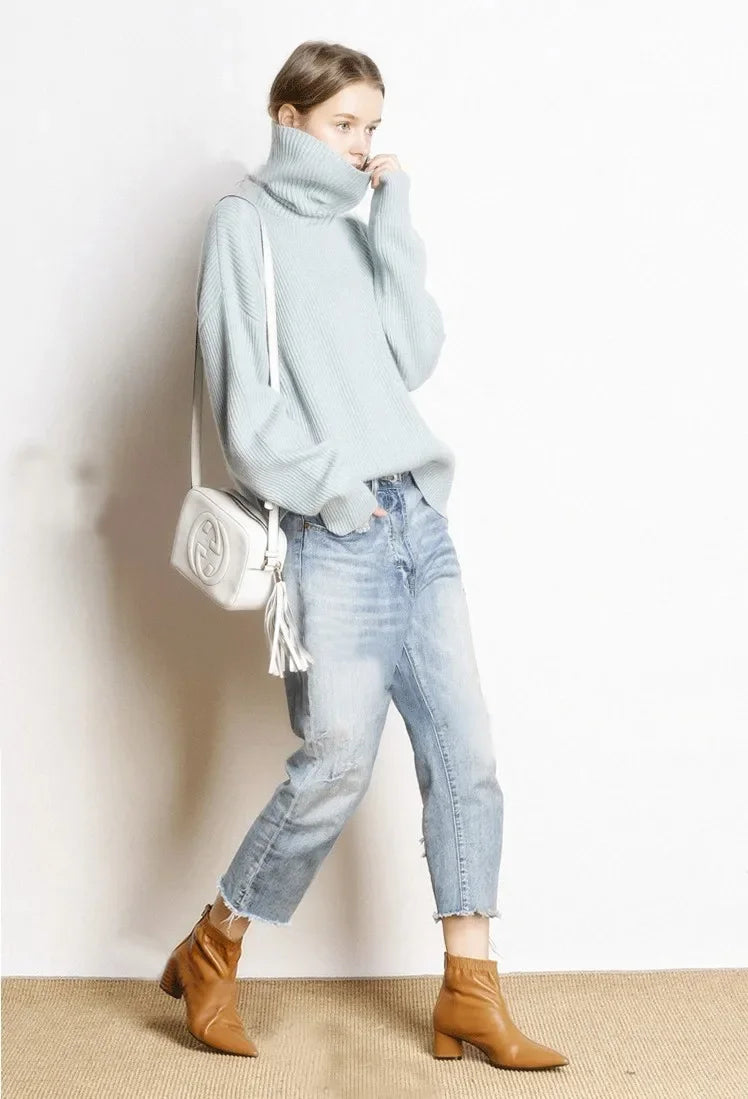 DY Wool Women's Sweater Autumn Winter Warm Turtlenecks Casual Loose Oversized Lady Sweaters Knitted Pullover Top Pull Femme