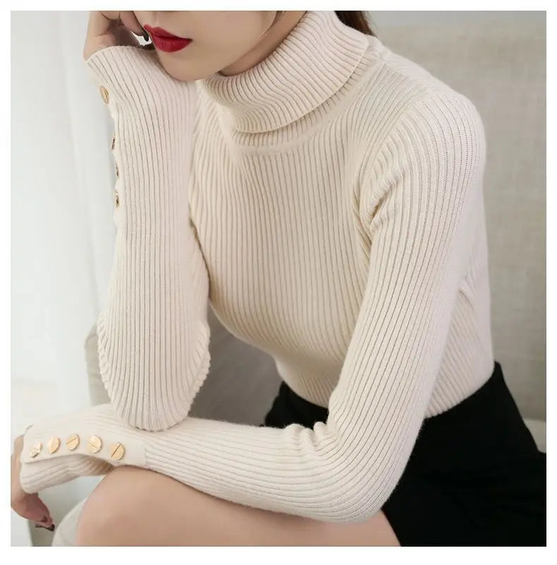 Knitted Turn-down Turtleneck Women Sweater Button Long Sleeve Pullovers Autumn Winter Basic Femme Sweaters Slim Solid Pull Tops