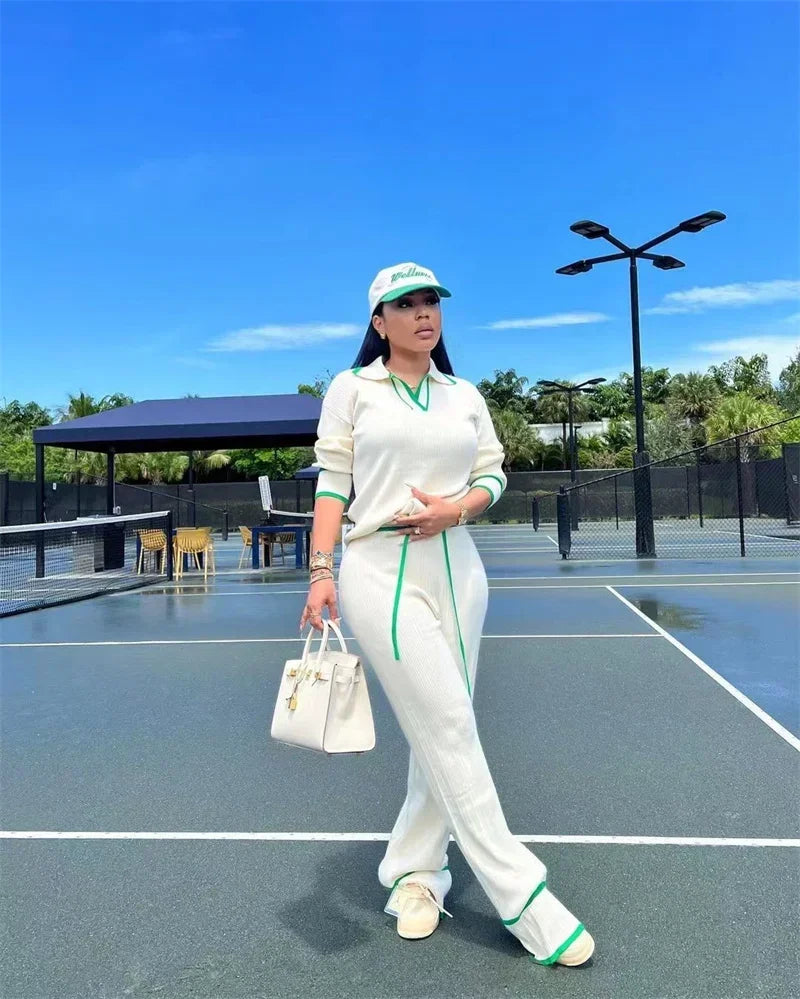 Autumn Winter Knitting Casual Tracksuit for Women Two Piece Set Sportwear Striped Sweater Top and Wide Leg Pants Jogging Femme