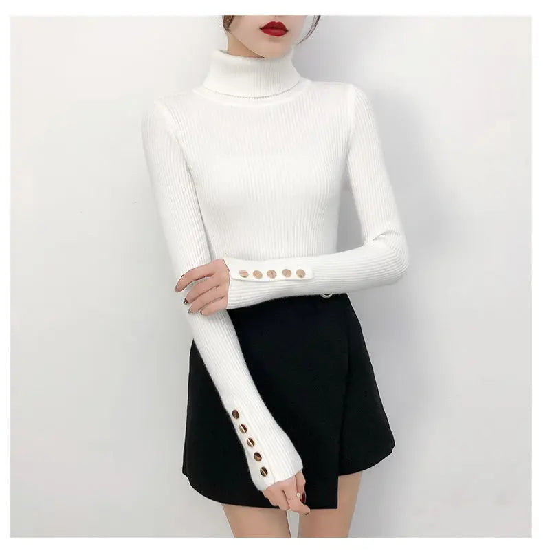 Knitted Turn-down Turtleneck Women Sweater Button Long Sleeve Pullovers Autumn Winter Basic Femme Sweaters Slim Solid Pull Tops