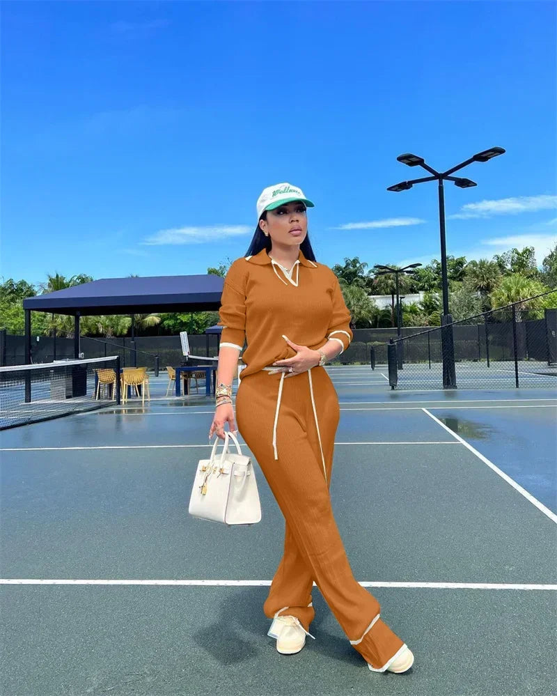 Autumn Winter Knitting Casual Tracksuit for Women Two Piece Set Sportwear Striped Sweater Top and Wide Leg Pants Jogging Femme