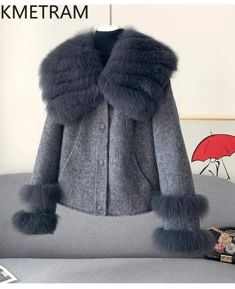 KMETRAM Natural Fox Fur Collar Coat Discount Price With Pockets Warm Fur Winter 2025 New Style Women's Coat manteaux hiver femme
