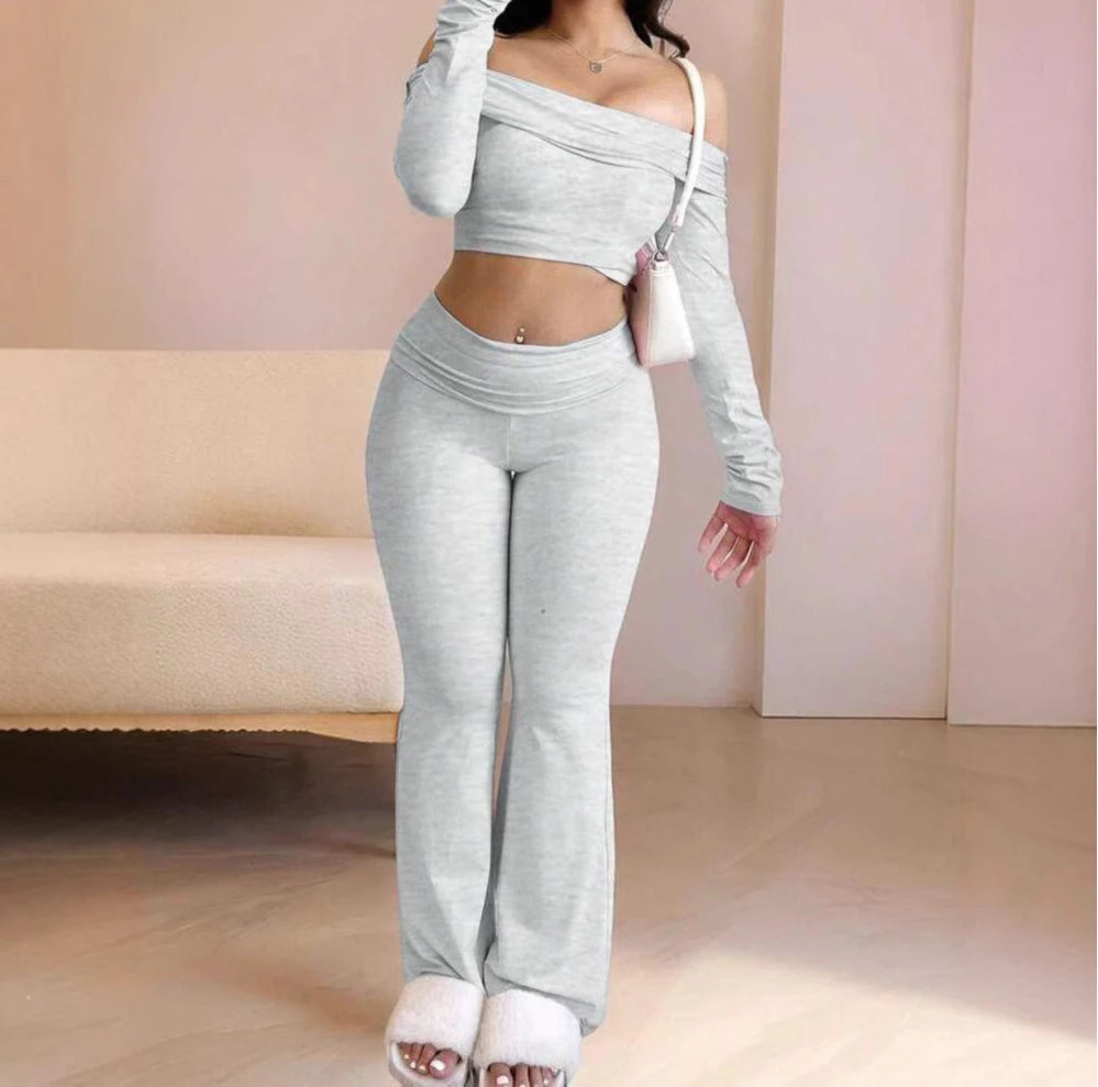 Casual Workout Two Piece Sets Woman Outfits Crop Long Sleeves Tops Foldover Flare Pants Tracksuit Suit Summer and Fall 2025 New