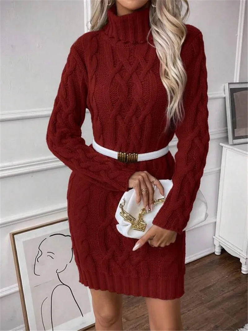 Winter Clothes Woman Pulls Femmes High Neck Vestidos Slim Fit Sweater Knitted Long Sleeve Dress All-match Simple Style Commuting