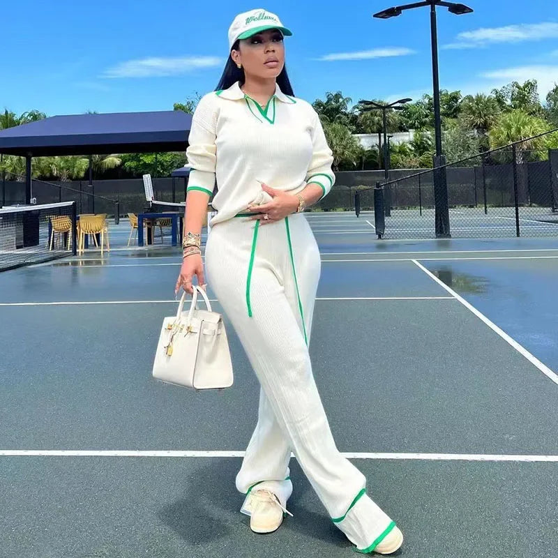 Autumn Winter Knitting Casual Tracksuit for Women Two Piece Set Sportwear Striped Sweater Top and Wide Leg Pants Jogging Femme