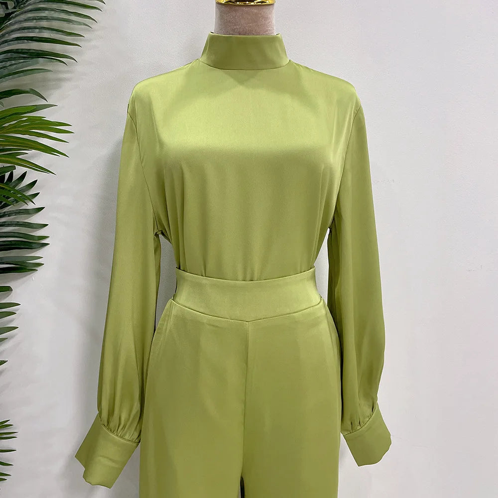 Satin Turkey Dress Two Pieces Trouser Tops Pants Blouse Set Muslim Suit Woman Ramadan Eid Abaya Kaftan Femme Musulmane Ensembles