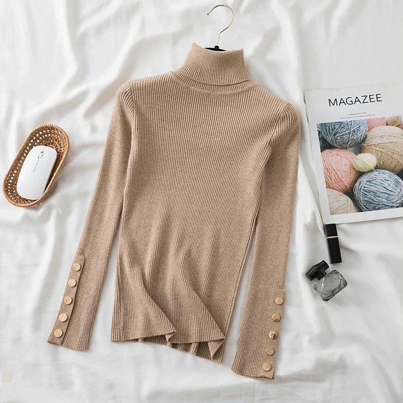 Knitted Turn-down Turtleneck Women Sweater Button Long Sleeve Pullovers Autumn Winter Basic Femme Sweaters Slim Solid Pull Tops