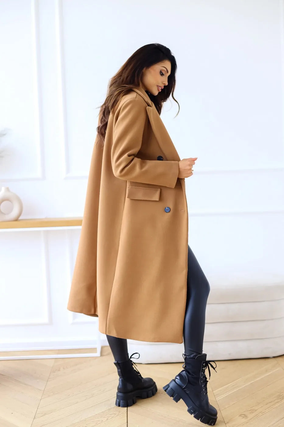 Autumn Woolen Midi Coat Women Long Sleeve Solid Fashion Casual Ladies Coats Loose Woman Coat 2023 Manteau Femme