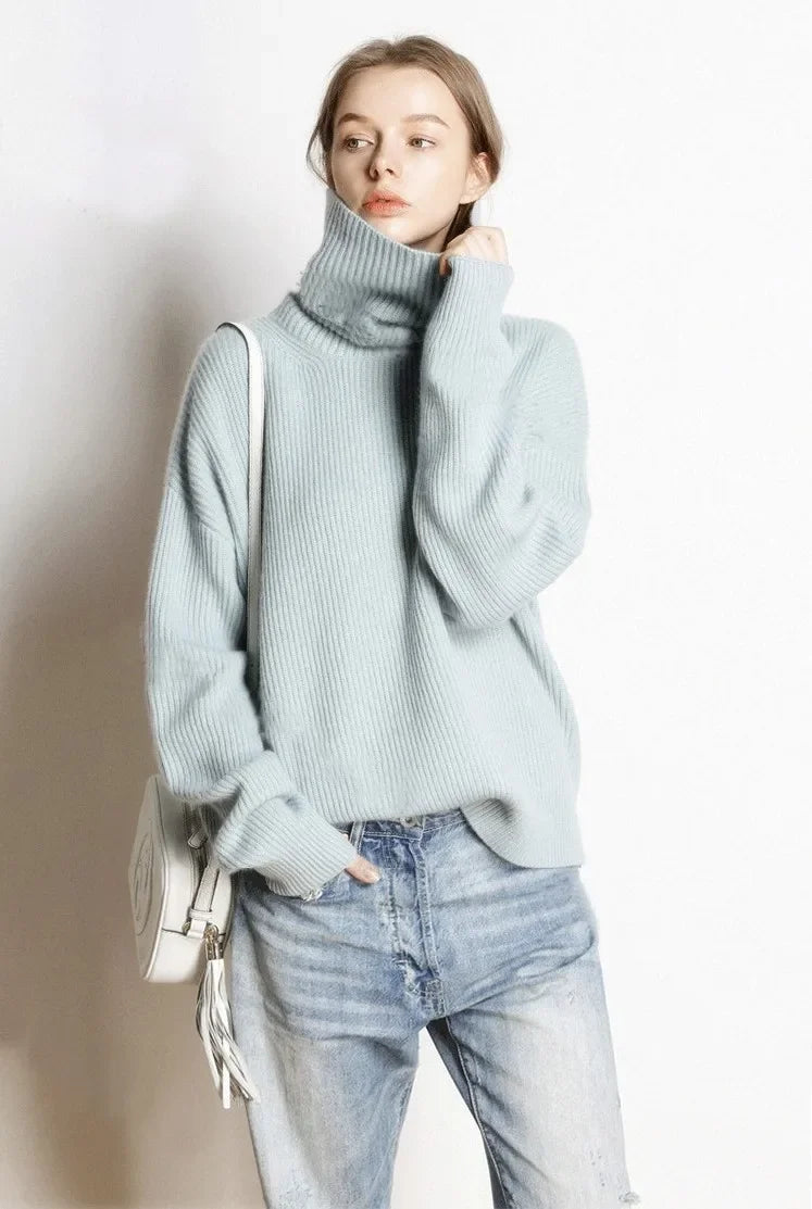 DY Wool Women's Sweater Autumn Winter Warm Turtlenecks Casual Loose Oversized Lady Sweaters Knitted Pullover Top Pull Femme