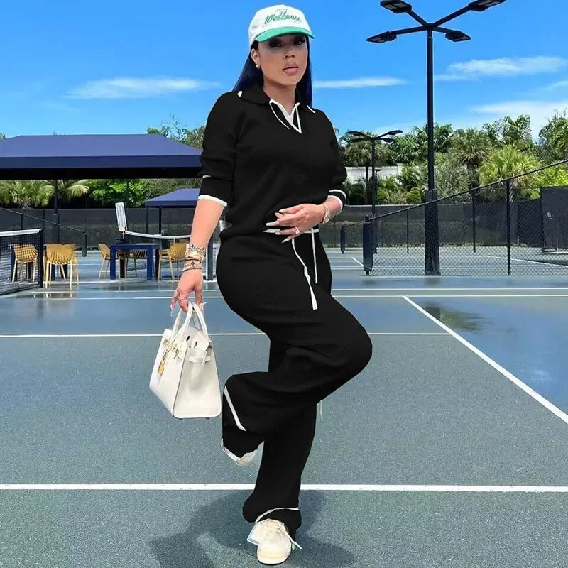 Autumn Winter Knitting Casual Tracksuit for Women Two Piece Set Sportwear Striped Sweater Top and Wide Leg Pants Jogging Femme