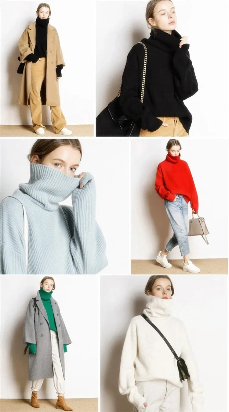 DY Wool Women's Sweater Autumn Winter Warm Turtlenecks Casual Loose Oversized Lady Sweaters Knitted Pullover Top Pull Femme