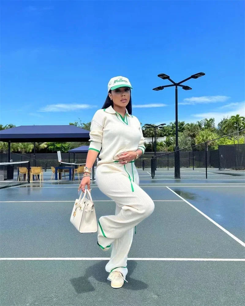 Autumn Winter Knitting Casual Tracksuit for Women Two Piece Set Sportwear Striped Sweater Top and Wide Leg Pants Jogging Femme