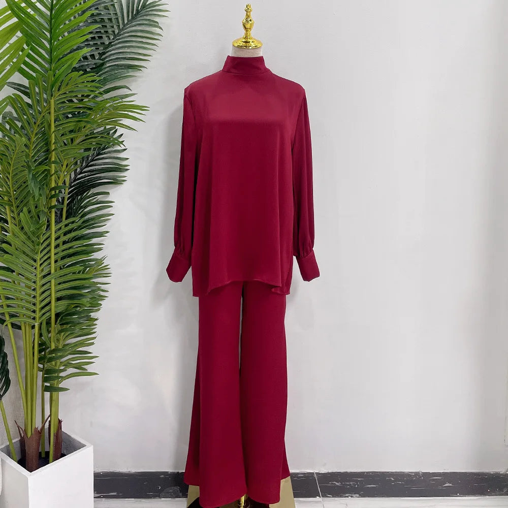 Satin Turkey Dress Two Pieces Trouser Tops Pants Blouse Set Muslim Suit Woman Ramadan Eid Abaya Kaftan Femme Musulmane Ensembles