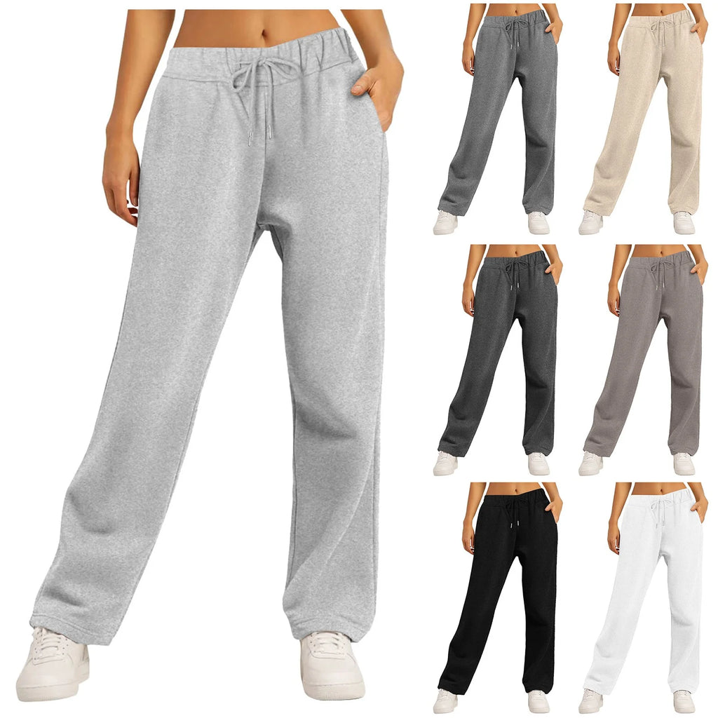 Fashion Women's Winter Sweatpants Solid Color Casual Fleece Sweatpants Outdoor Travel Camping Wide Leg Straight Pants