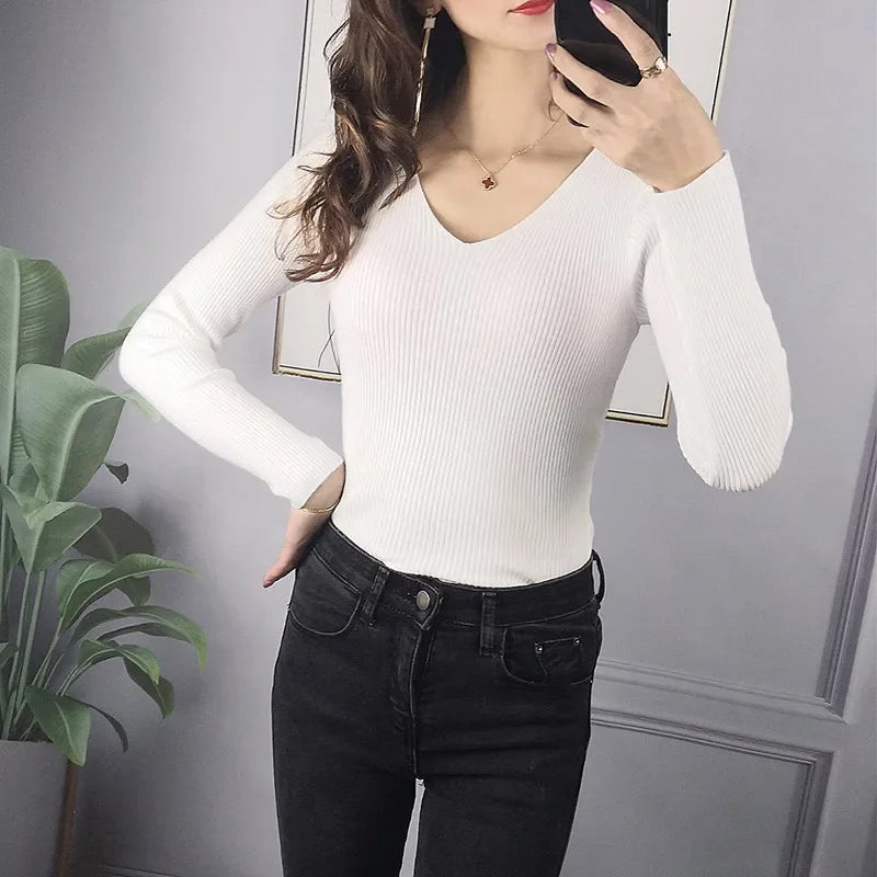 HELIAR 2024 Autumn Winter Women Solid Rib Knit V Neck Stripe Pull Sweater Femme Y2k Long Sleeve Pullover Jersey Tops Fashion