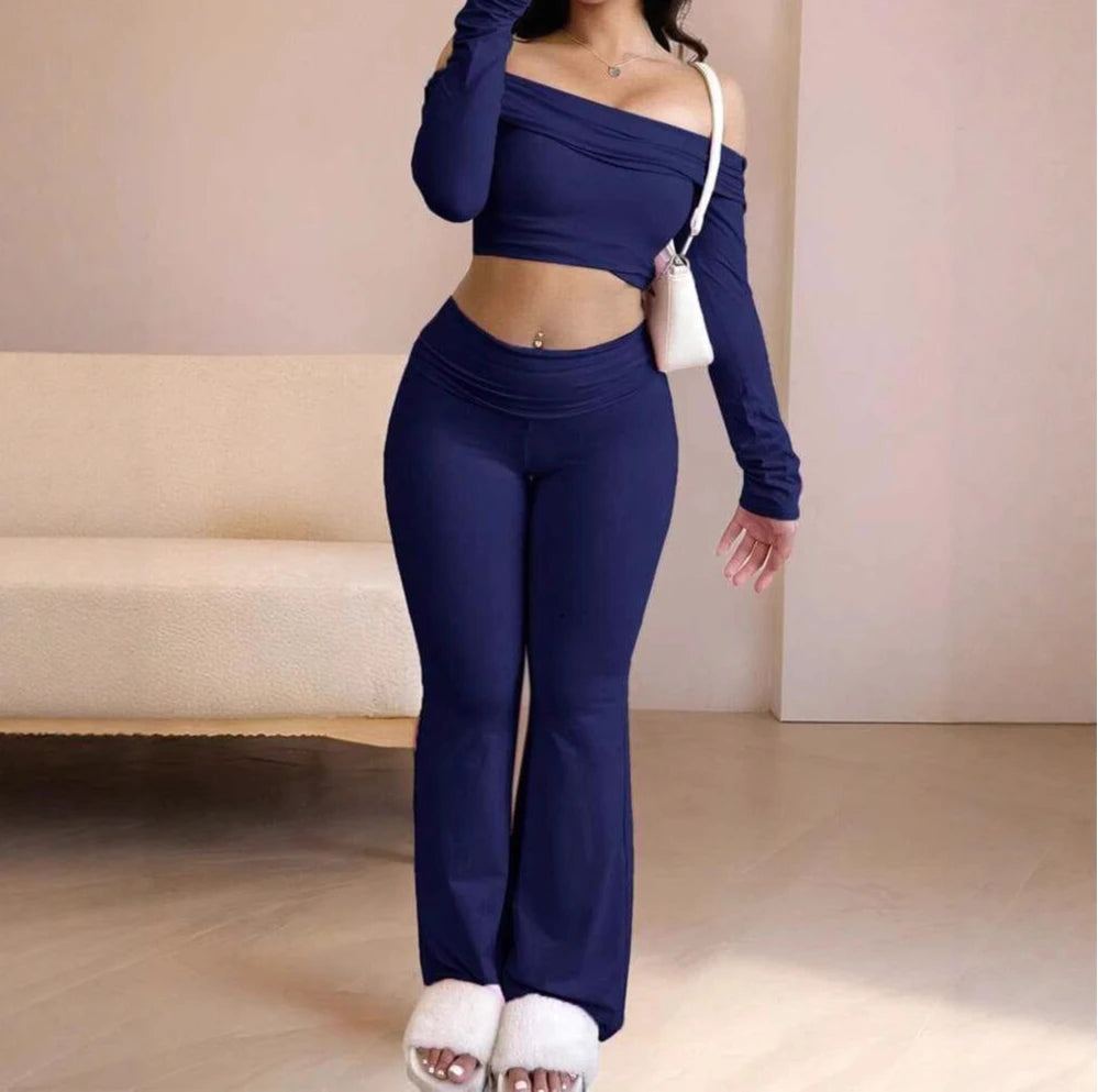 Casual Workout Two Piece Sets Woman Outfits Crop Long Sleeves Tops Foldover Flare Pants Tracksuit Suit Summer and Fall 2025 New
