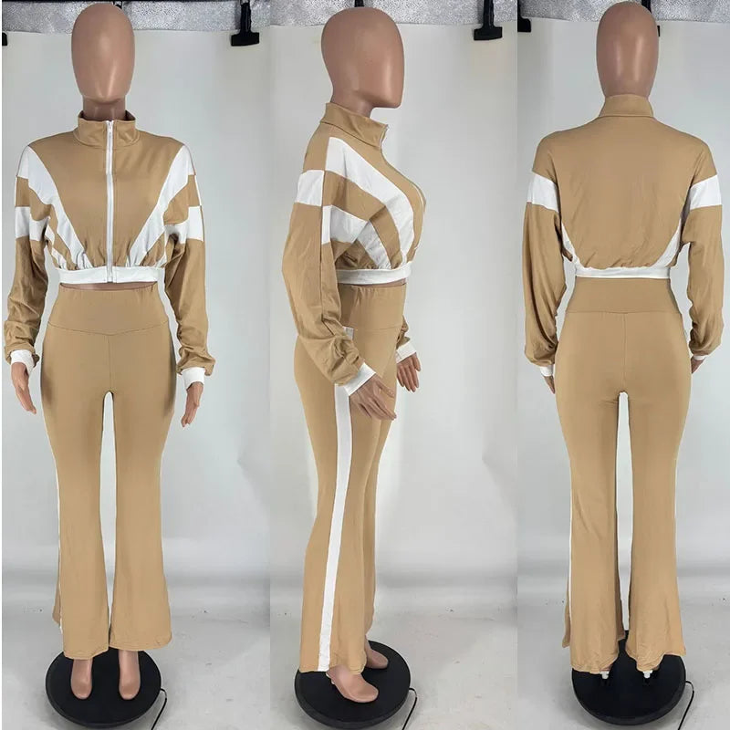 Doyerl Two Piece Sets Woman Tracksuit Sportwear Fitness Long Sleeve Cropped Jacket Top and Flare Pants Jogging Femmes Ensemble