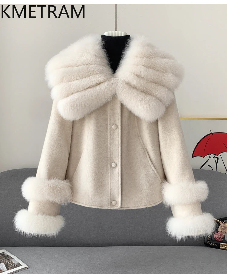 KMETRAM Natural Fox Fur Collar Coat Discount Price With Pockets Warm Fur Winter 2025 New Style Women's Coat manteaux hiver femme