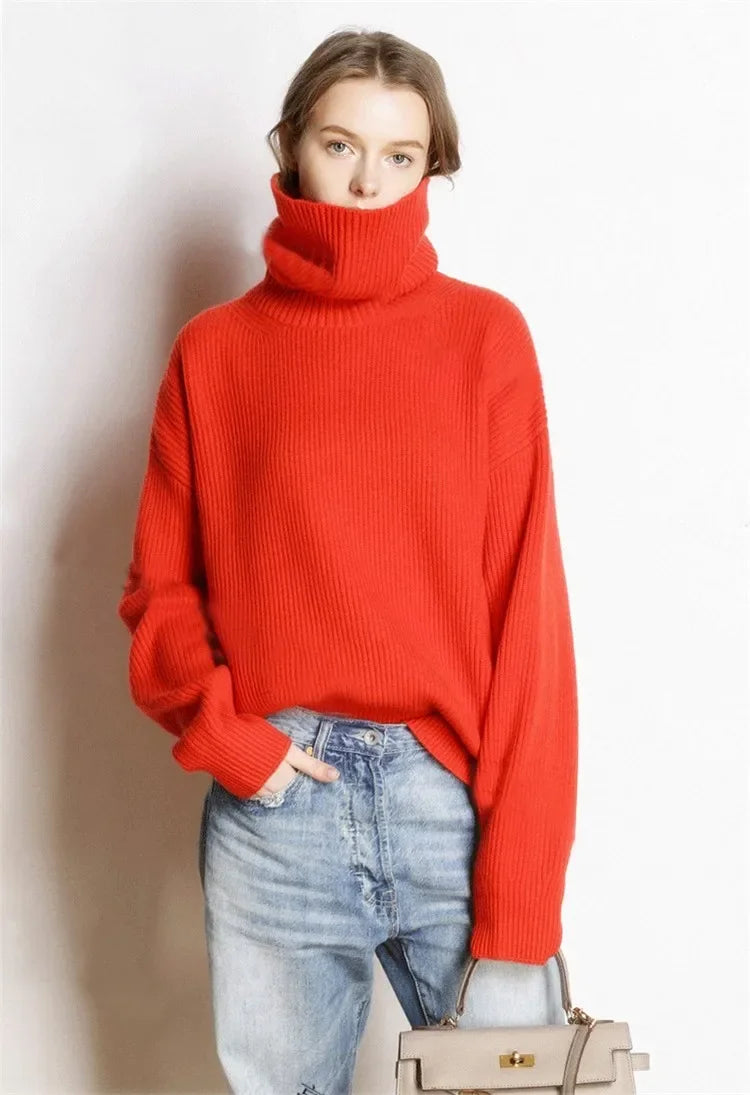 DY Wool Women's Sweater Autumn Winter Warm Turtlenecks Casual Loose Oversized Lady Sweaters Knitted Pullover Top Pull Femme
