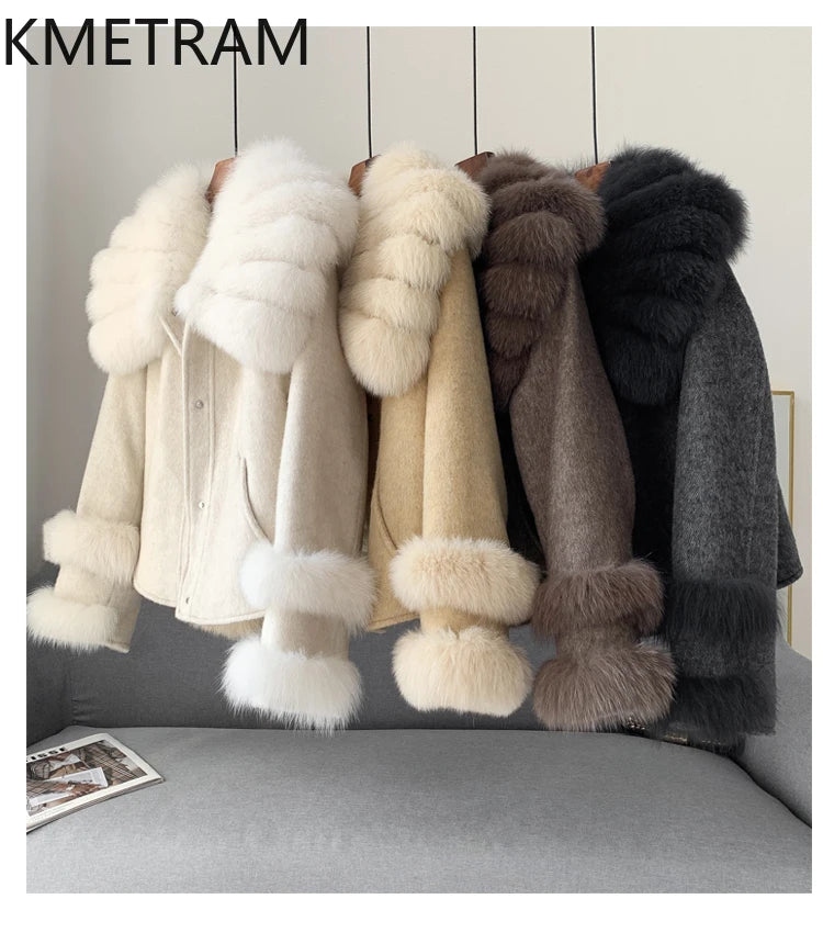 KMETRAM Natural Fox Fur Collar Coat Discount Price With Pockets Warm Fur Winter 2025 New Style Women's Coat manteaux hiver femme