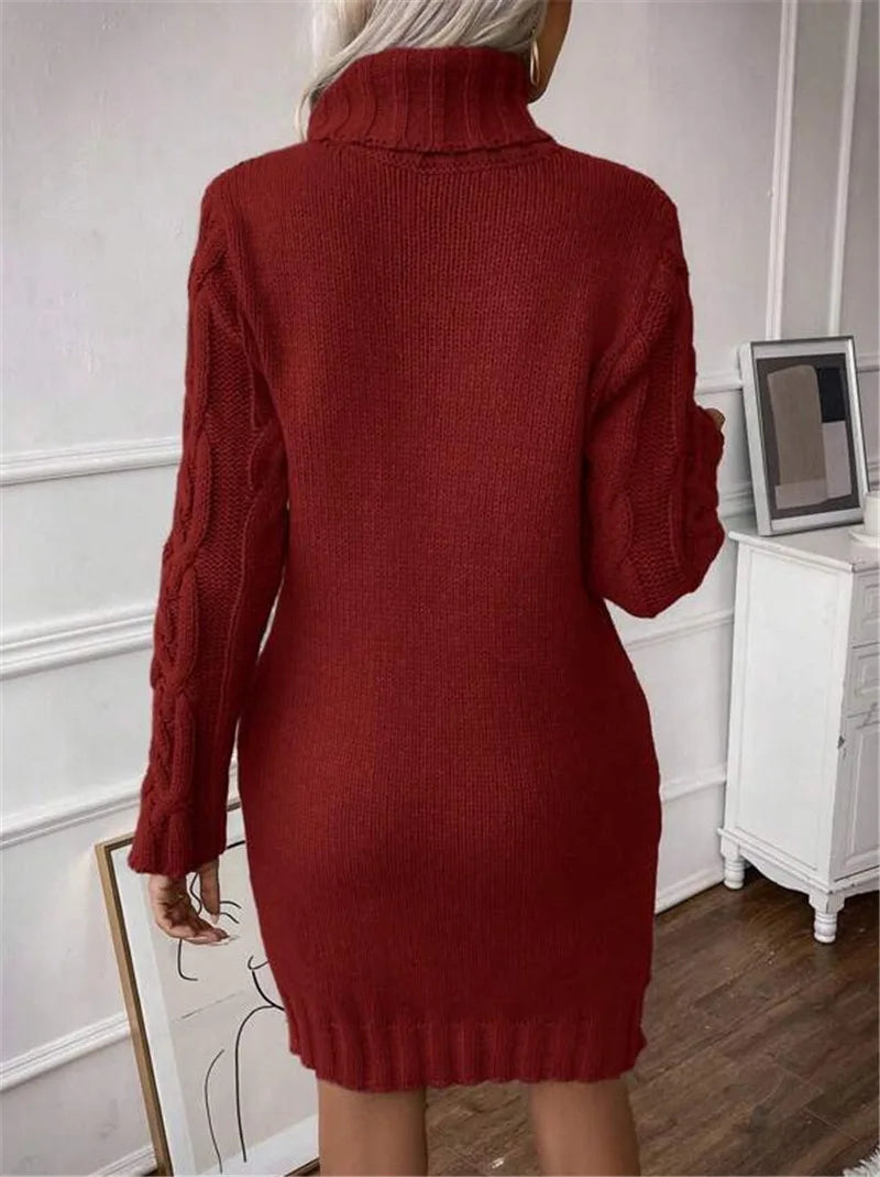 Winter Clothes Woman Pulls Femmes High Neck Vestidos Slim Fit Sweater Knitted Long Sleeve Dress All-match Simple Style Commuting