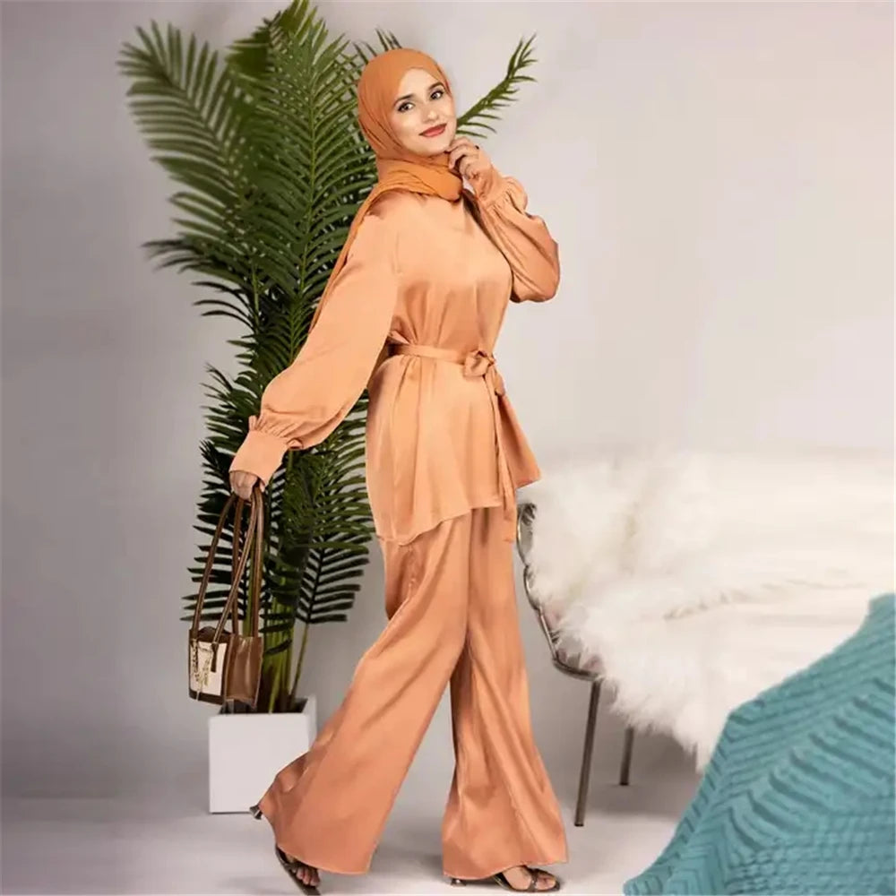 Satin Turkey Dress Two Pieces Trouser Tops Pants Blouse Set Muslim Suit Woman Ramadan Eid Abaya Kaftan Femme Musulmane Ensembles