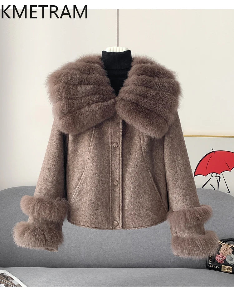 KMETRAM Natural Fox Fur Collar Coat Discount Price With Pockets Warm Fur Winter 2025 New Style Women's Coat manteaux hiver femme