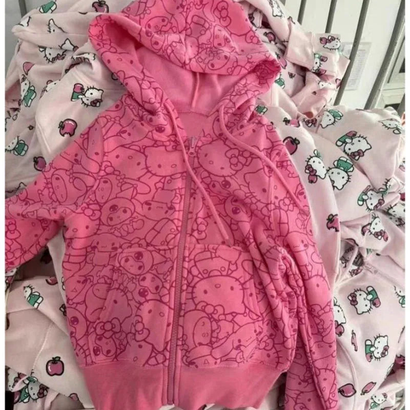 Anime Sanrioed Hello Kittys Hoodie Sweatshirt Y2K Women Zipper Jacket Loose Leisure Tops Spring Autumn Kawaii Student Girls Coat