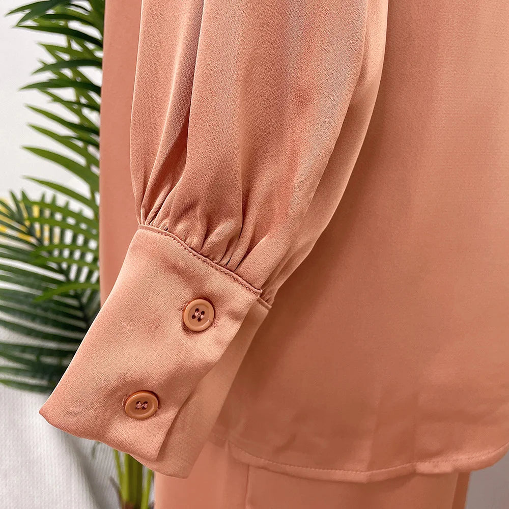 Satin Turkey Dress Two Pieces Trouser Tops Pants Blouse Set Muslim Suit Woman Ramadan Eid Abaya Kaftan Femme Musulmane Ensembles
