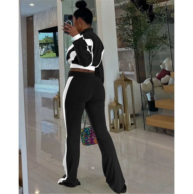 Doyerl Two Piece Sets Woman Tracksuit Sportwear Fitness Long Sleeve Cropped Jacket Top and Flare Pants Jogging Femmes Ensemble