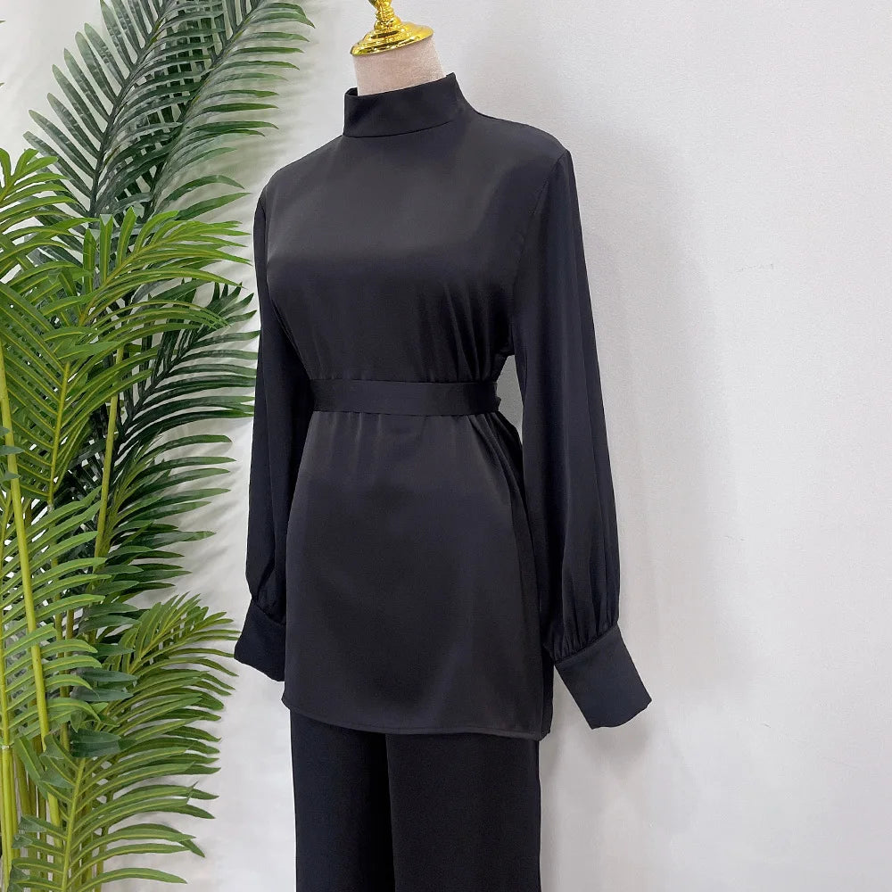 Satin Turkey Dress Two Pieces Trouser Tops Pants Blouse Set Muslim Suit Woman Ramadan Eid Abaya Kaftan Femme Musulmane Ensembles